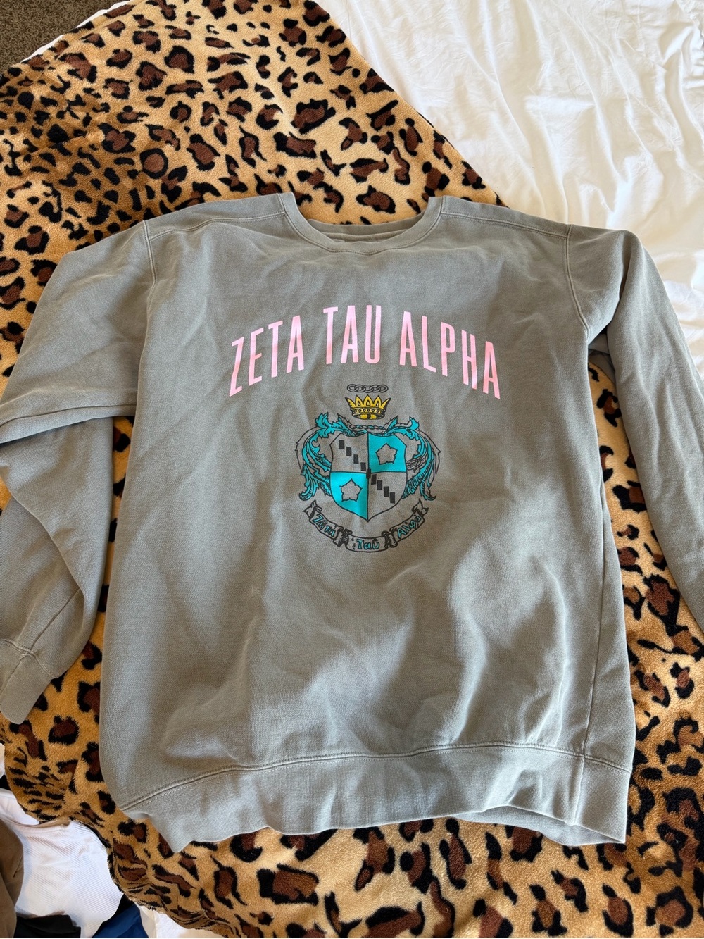 Comfort Colors Zeta Tau Alpha Olive Green Crewneck with Pink Lettering